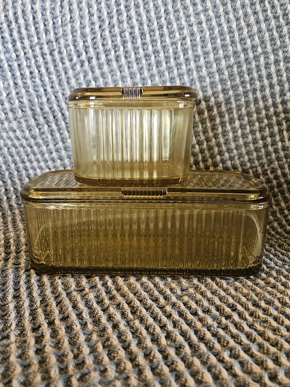 Amber Glass Ribbed Lidded Storage Boxes - Set of 2